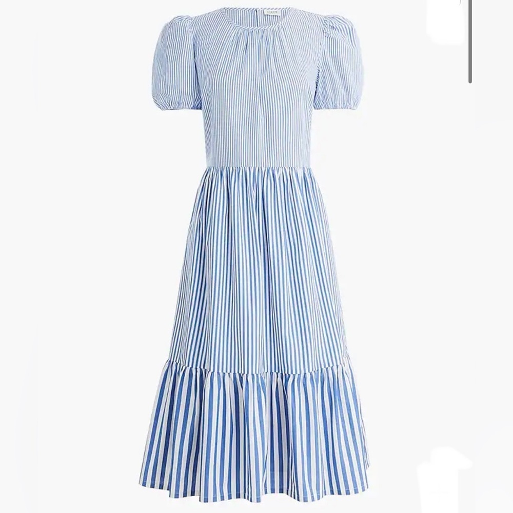 NWT J. Crew Pinstripe Cotton Blend Poplin Puff Sleeve Midi Dress